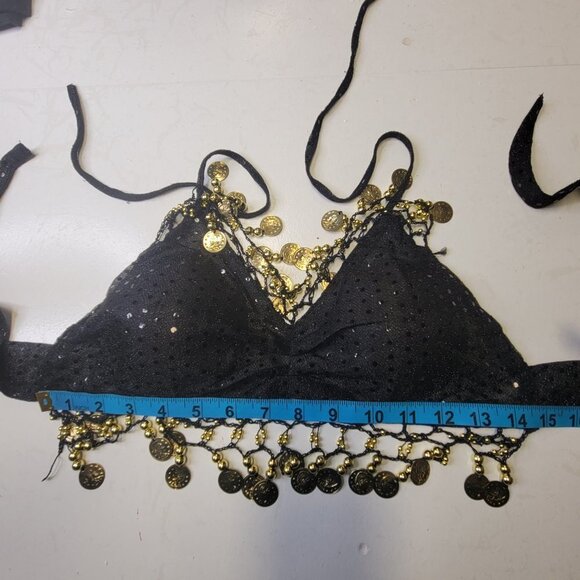 Black BellyDance Top with Gold Coin Tassels NEW - Picture 6 of 8